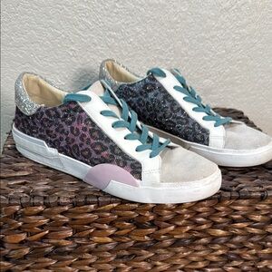 Dolce Vita Women White Sneakers with Glitter‎ Leopard Print Teal Laces Size 10